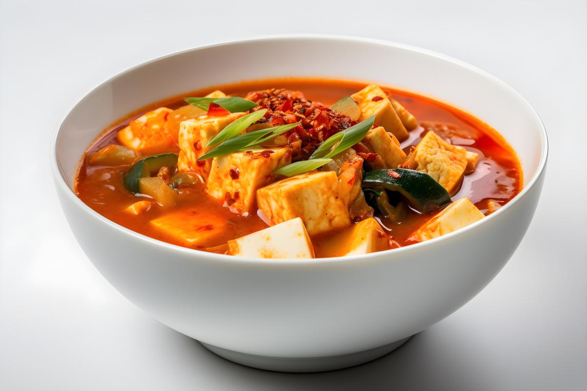 A bowl of spicy kimchi stew with tofu and vegetables, close-up, white background, realism, hd, 35mm photograph, sharp, sharpened, 8k picture