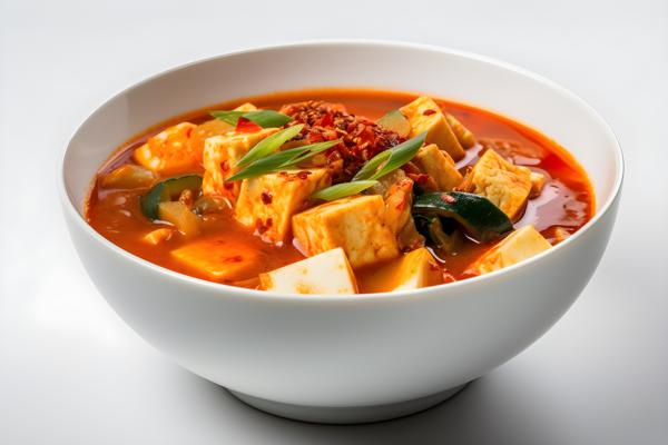 A bowl of spicy kimchi stew with tofu and vegetables, close-up, white background, realism, hd, 35mm photograph, sharp, sharpened, 8k