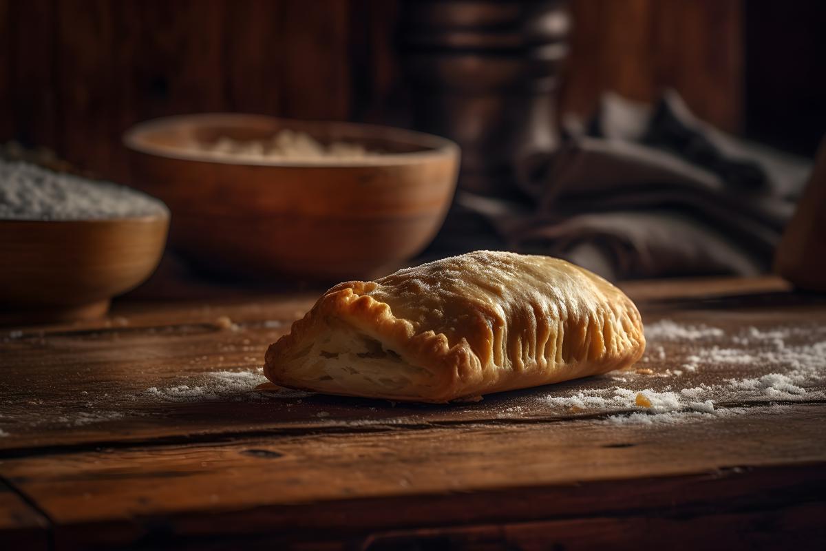 a piece of empanada argentina, sitting on a rustic style table realistic, realism, hd, 35mm photograph, sharp, sharpened, 8k picture