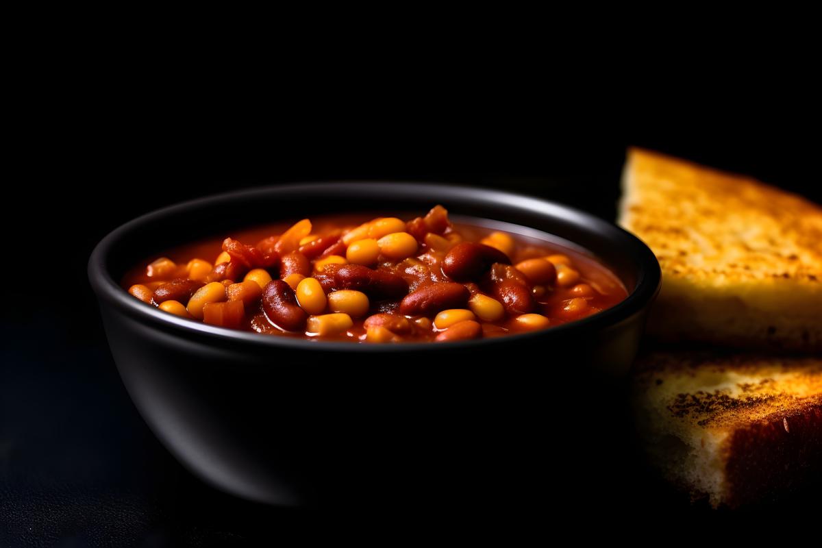 A bowl of hot chili with a side of cornbread, macro close-up, black background, realism, hd, 35mm photograph, sharp, sharpened, 8k picture