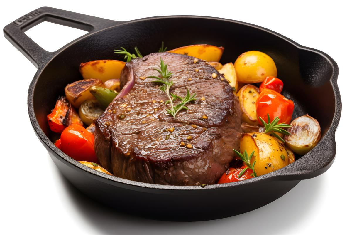 Sizzling steak on a cast-iron skillet with vegetables, close-up, white background, realism, hd, 35mm photograph, sharp, sharpened, 8k picture