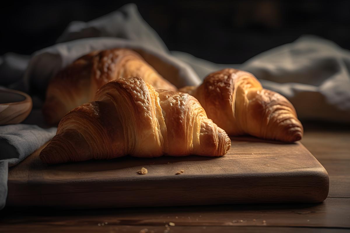 Freshly baked croissants on a wooden table, close-up, white background, realism, hd, 35mm photograph, sharp, sharpened, 8k picture