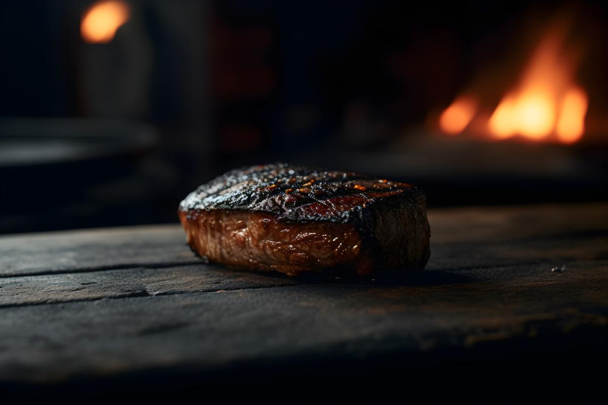 a piece of blackened kobe meet grilled, sitting on a rustic style table realistic, realism, hd, 35mm photograph, sharp, sharpened, 8k picture