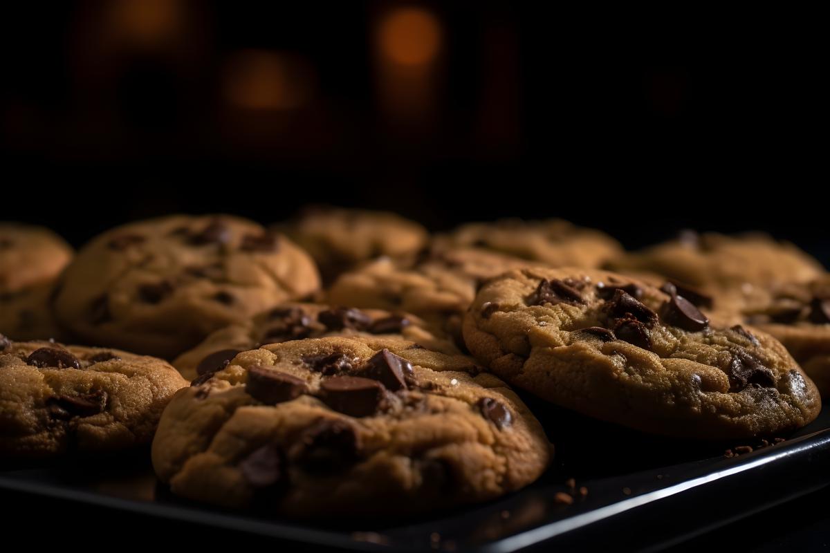 A tray of fresh-baked chocolate chip cookies, macro close-up, black background, realism, hd, 35mm photograph, sharp, sharpened, 8k picture