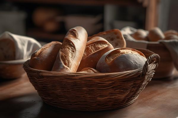 A basket of freshly baked bread on a wooden table, close-up, white background, realism, hd, 35mm photograph, sharp, sharpened, 8k