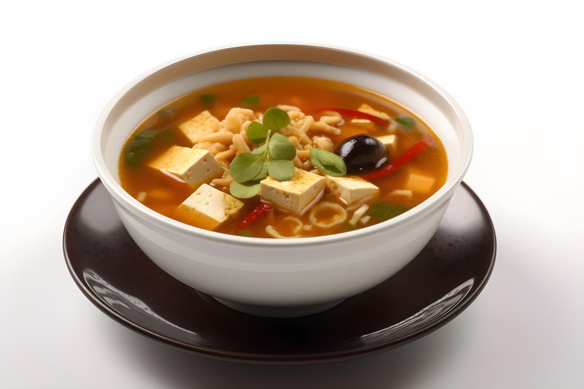 A bowl of hot and sour soup with tofu and vegetables, close-up, white background, realism, hd, 35mm photograph, sharp, sharpened, 8k picture