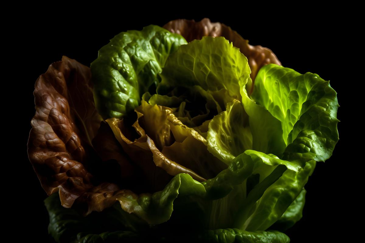organic fresh lettuce, macro close-up, black background, realism, hd, 35mm photograph, sharp, sharpened, 8k picture