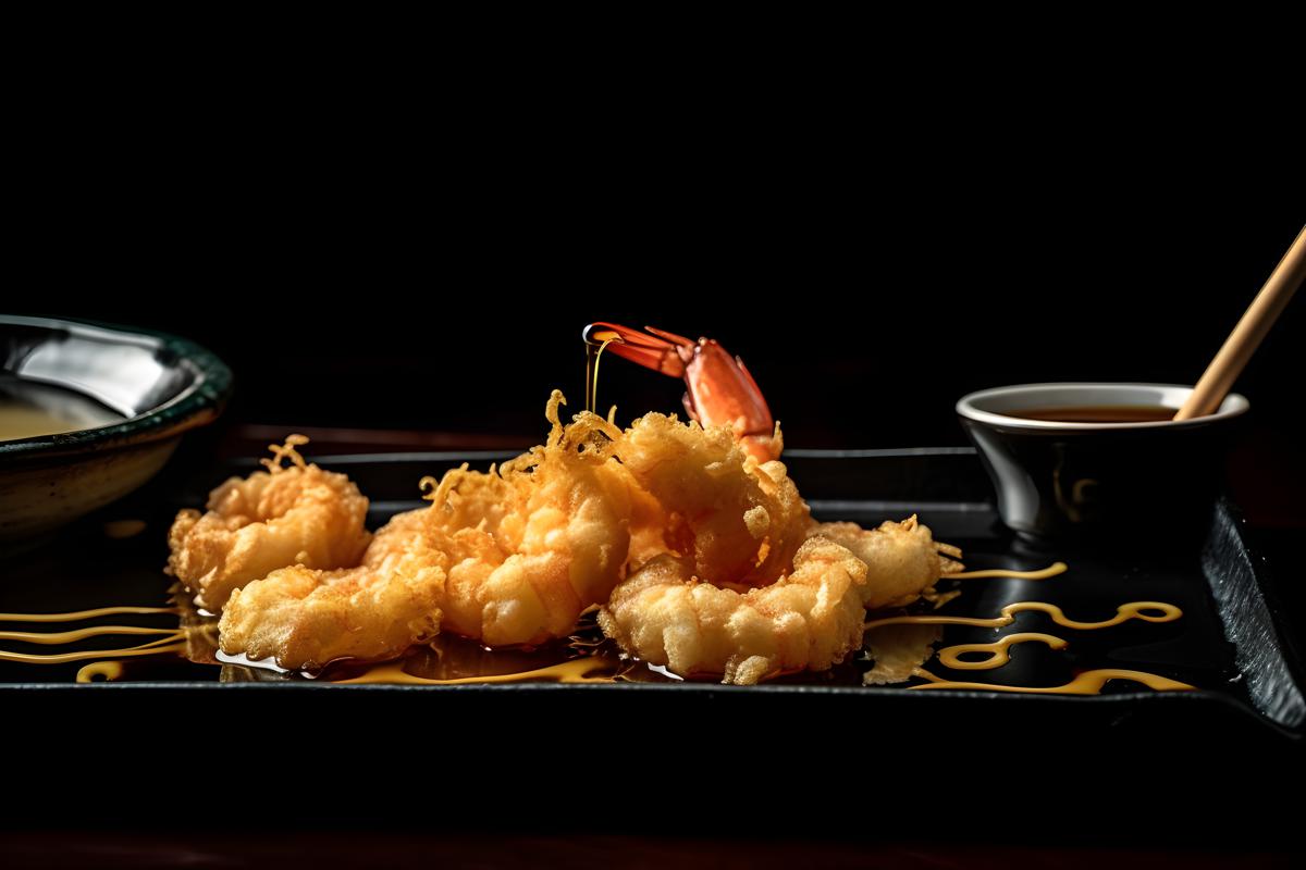 A tray of crispy tempura shrimp with dipping sauce., macro close-up, black background, realism, hd, 35mm photograph, sharp, sharpened, 8k picture