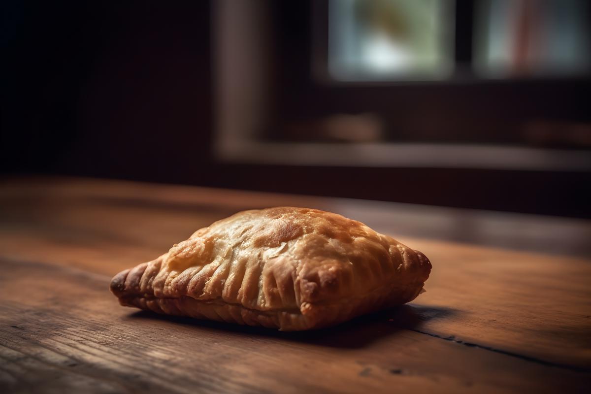 a piece of empanada argentina, sitting on a rustic style table realistic, realism, hd, 35mm photograph, sharp, sharpened, 8k picture