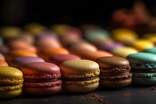 A Lot of colors Macarons in A Row Free Photo, macro close-up, realism, hd, 35mm photograph, sharp, sharpened, 8k