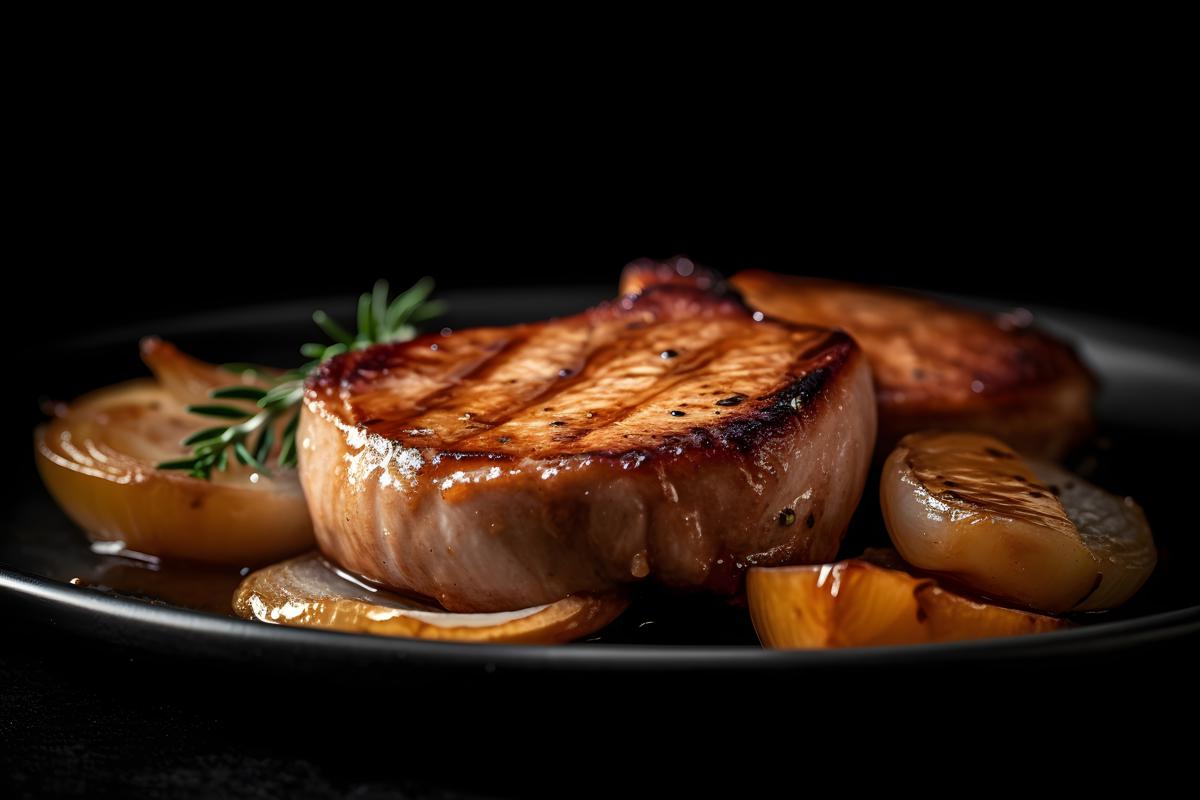 A plate of grilled pork chops with apples and onions, macro close-up, black background, realism, hd, 35mm photograph, sharp, sharpened, 8k picture
