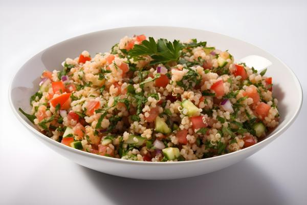 A platter of Mediterranean-style tabbouleh salad, close-up, white background, realism, hd, 35mm photograph, sharp, sharpened, 8k