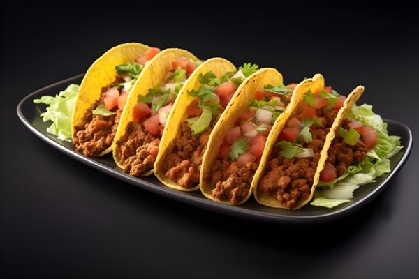 A platter of tacos with salsa and guacamole, close-up, white background, realism, hd, 35mm photograph, sharp, sharpened, 8k