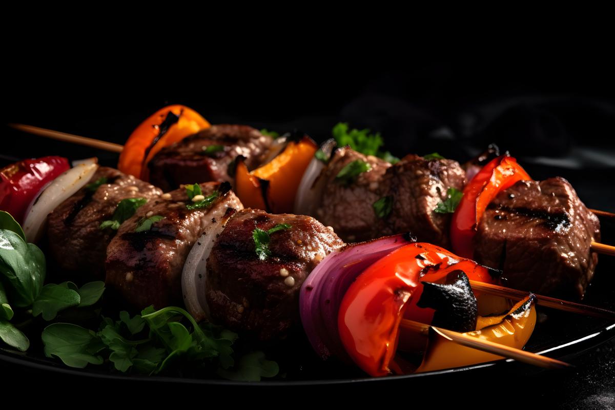 A plate of grilled beef kebabs with vegetables, macro close-up, black background, realism, hd, 35mm photograph, sharp, sharpened, 8k picture