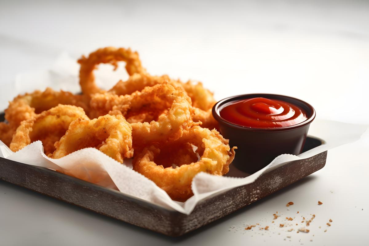 A tray of crispy onion rings with ketchup, close-up, white background, realism, hd, 35mm photograph, sharp, sharpened, 8k picture