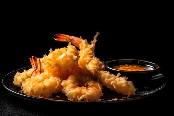 A tray of crispy tempura shrimp with dipping sauce., macro close-up, black background, realism, hd, 35mm photograph, sharp, sharpened, 8k