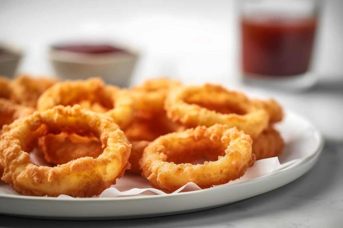 A tray of crispy onion rings with ketchup, close-up, white background, realism, hd, 35mm photograph, sharp, sharpened, 8k picture