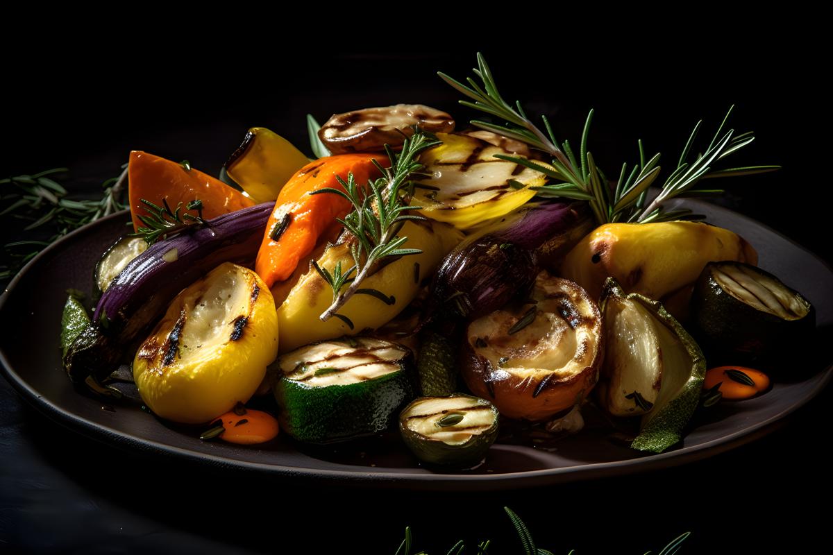 A platter of grilled vegetables with olive oil and herbs, macro close-up, black background, realism, hd, 35mm photograph, sharp, sharpened, 8k picture