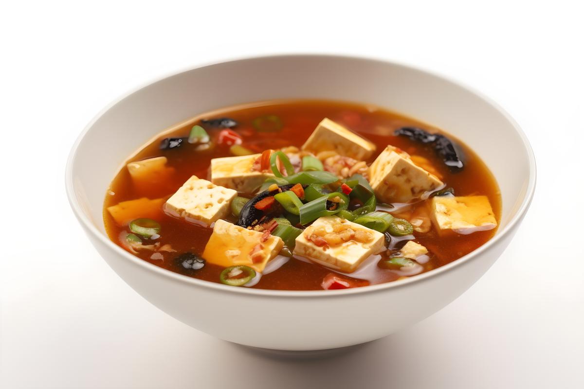 A bowl of hot and sour soup with tofu and vegetables, close-up, white background, realism, hd, 35mm photograph, sharp, sharpened, 8k picture