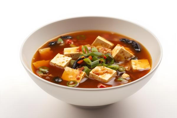 A bowl of hot and sour soup with tofu and vegetables, close-up, white background, realism, hd, 35mm photograph, sharp, sharpened, 8k