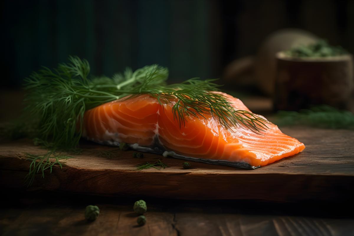 a piece of raw salmon and dill, sitting on a rustic style table realistic, realism, hd, 35mm photograph, sharp, sharpened, 8k picture