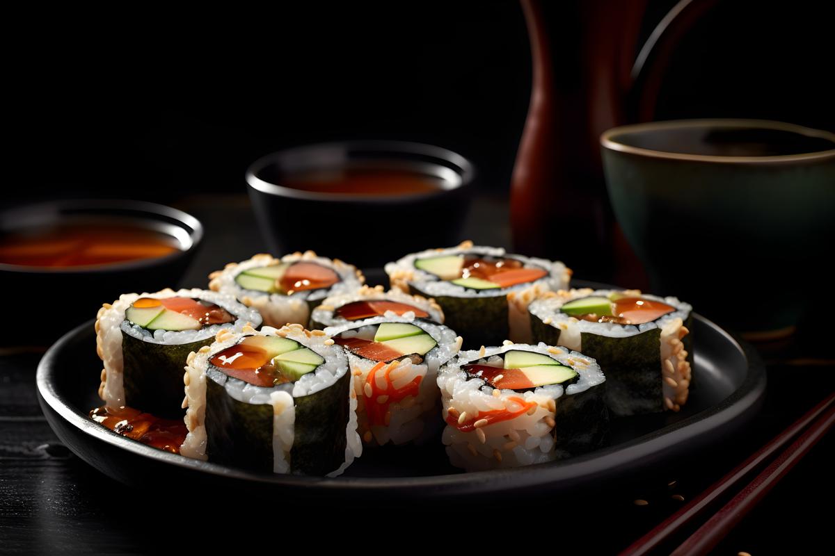 A platter of sushi rolls with soy sauce and chopsticks, macro close-up, black background, realism, hd, 35mm photograph, sharp, sharpened, 8k picture