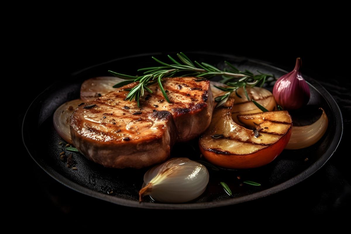 A plate of grilled pork chops with apples and onions, macro close-up, black background, realism, hd, 35mm photograph, sharp, sharpened, 8k picture