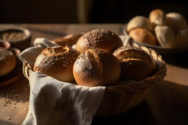 A basket of freshly baked bread on a wooden table, close-up, white background, realism, hd, 35mm photograph, sharp, sharpened, 8k