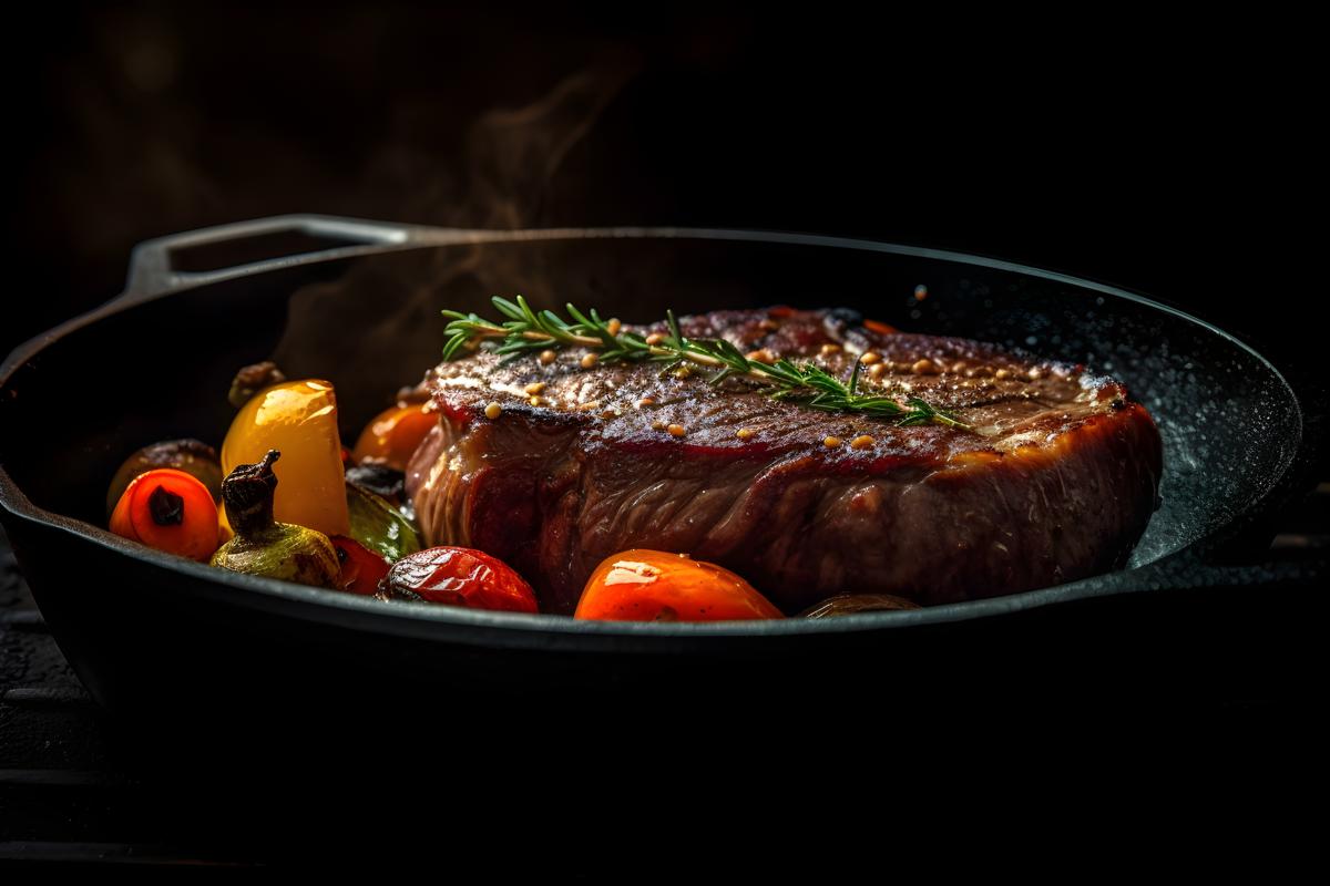 Sizzling steak on a cast-iron skillet with vegetables, macro close-up, black background, realism, hd, 35mm photograph, sharp, sharpened, 8k picture