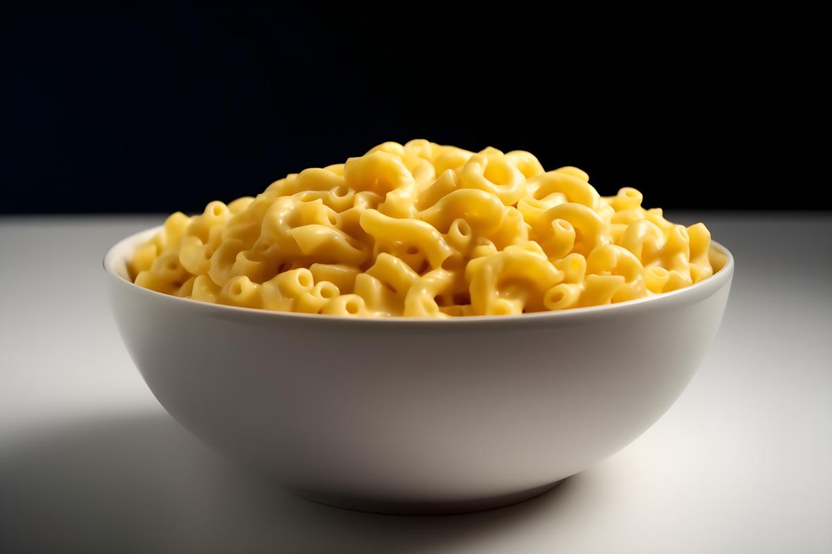 A bowl of creamy macaroni and cheese, close-up, white background, realism, hd, 35mm photograph, sharp, sharpened, 8k picture