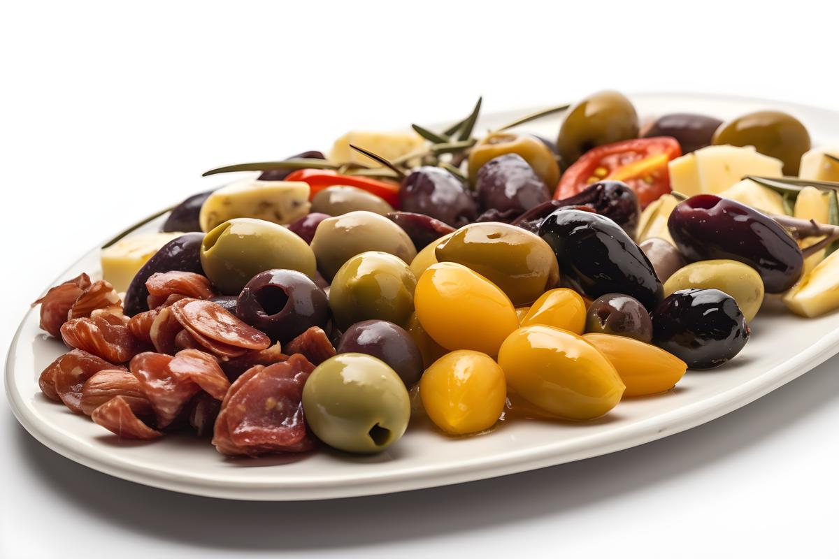 A platter of assorted antipasti with olives and cheese, close-up, white background, realism, hd, 35mm photograph, sharp, sharpened, 8k picture