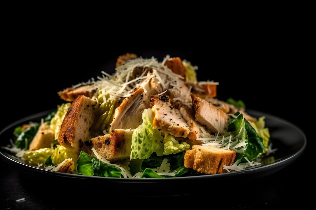 A plate of grilled chicken Caesar salad with croutons, macro close-up, black background, realism, hd, 35mm photograph, sharp, sharpened, 8k picture