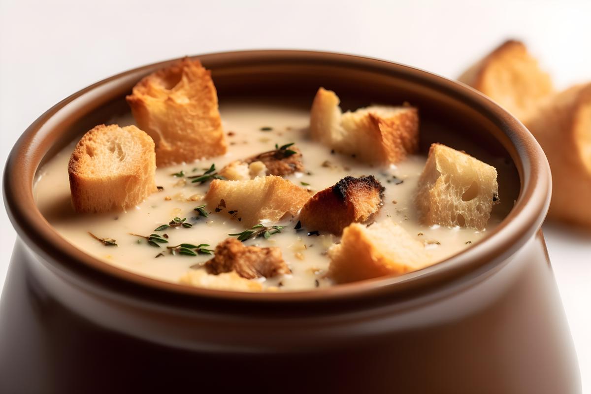 A pot of creamy mushroom soup with croutons, close-up, white background, realism, hd, 35mm photograph, sharp, sharpened, 8k picture