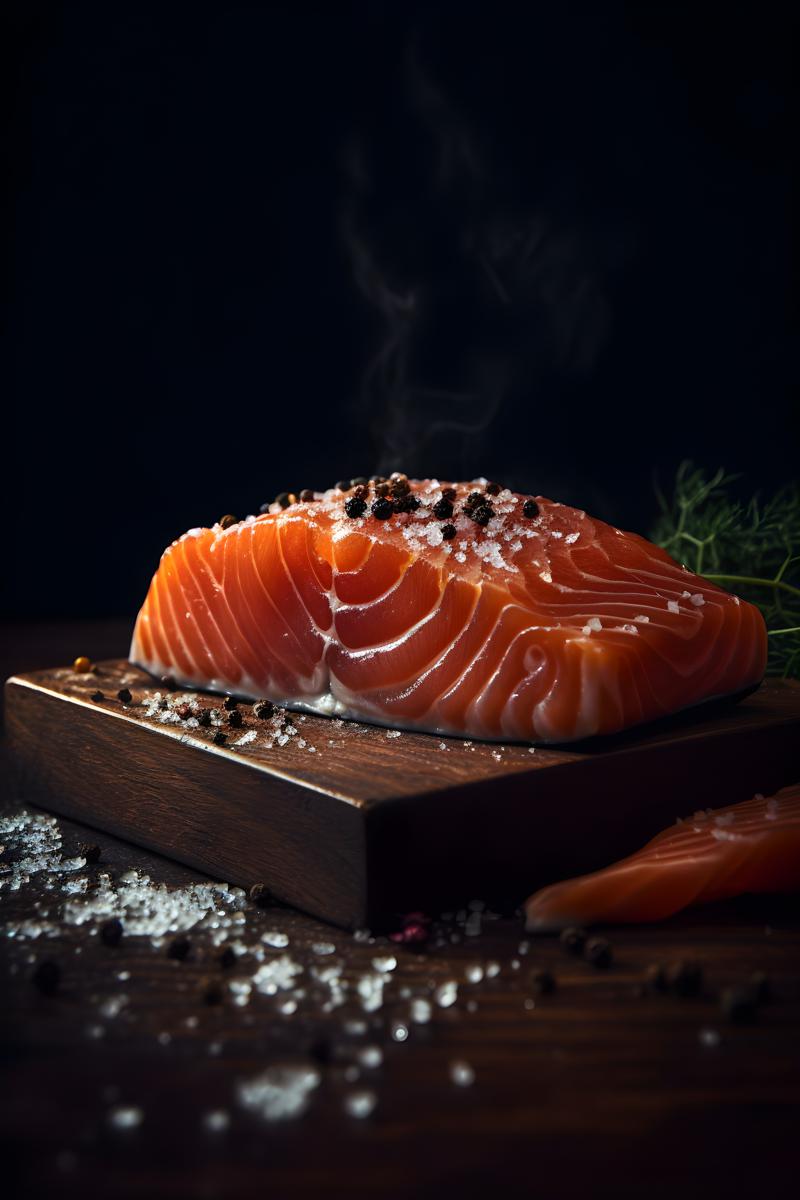 low angle view Raw salmon steak and spices, sitting on a rustic style table realistic, black background realism, hd, 35mm photograph, sharp, sharpened, 8k picture