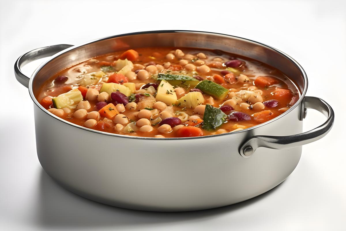 A pot of hearty minestrone soup with beans and vegetables, close-up, white background, realism, hd, 35mm photograph, sharp, sharpened, 8k picture