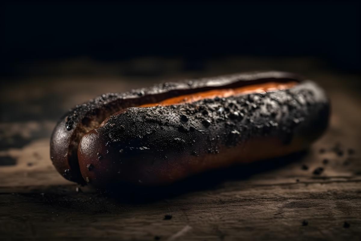 a piece of blackened hotdog raw, sitting on a rustic style table realistic, realism, hd, 35mm photograph, sharp, sharpened, 8k picture