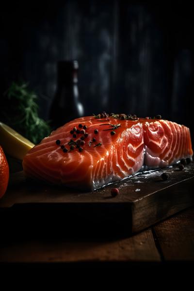 low angle view Raw salmon steak and spices, sitting on a rustic style table realistic, black background realism, hd, 35mm photograph, sharp, sharpened, 8k