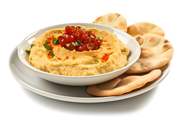 A platter of Mediterranean-style hummus with pita bread, close-up, white background, realism, hd, 35mm photograph, sharp, sharpened, 8k