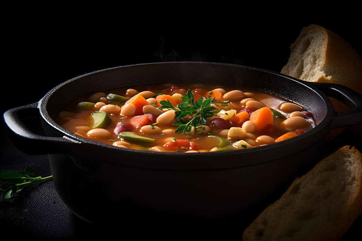 A pot of hearty minestrone soup with beans and vegetables, macro close-up, black background, realism, hd, 35mm photograph, sharp, sharpened, 8k picture