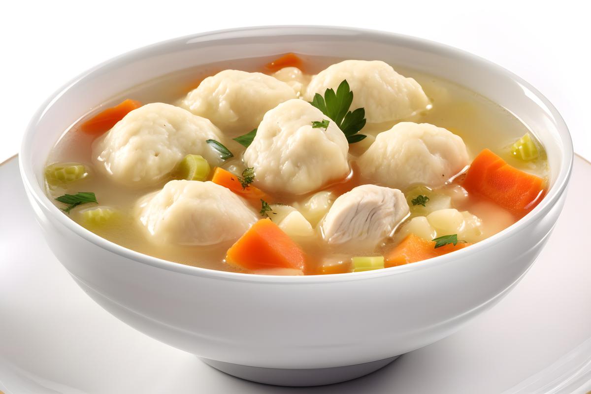 A bowl of hearty chicken and dumpling soup, close-up, white background, realism, hd, 35mm photograph, sharp, sharpened, 8k picture