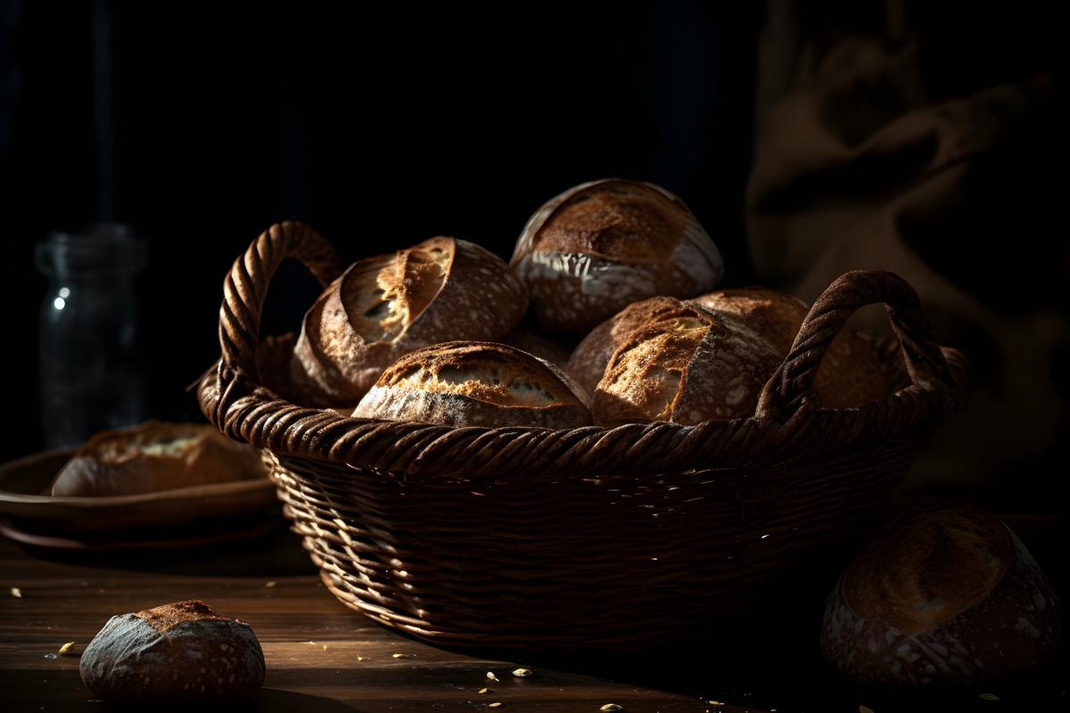A basket of freshly baked bread on a wooden table, macro close-up, black background, realism, hd, 35mm photograph, sharp, sharpened, 8k picture