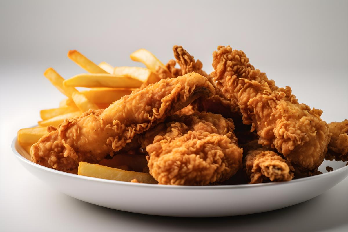 A plate of crispy fried chicken with french fries, close-up, white background, realism, hd, 35mm photograph, sharp, sharpened, 8k picture