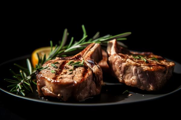 A plate of grilled lamb chops with rosemary and garlic, macro close-up, black background, realism, hd, 35mm photograph, sharp, sharpened, 8k