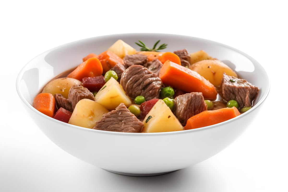 A bowl of hearty beef stew with vegetables and potatoes, close-up, white background, realism, hd, 35mm photograph, sharp, sharpened, 8k picture