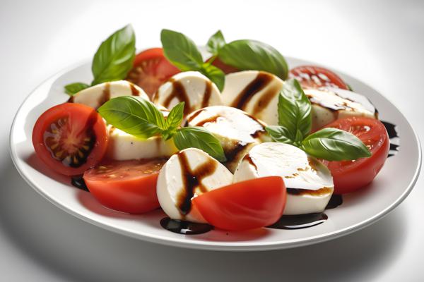 A platter of Italian-style caprese salad with tomatoes and mozzarella, close-up, white background, realism, hd, 35mm photograph, sharp, sharpened, 8k