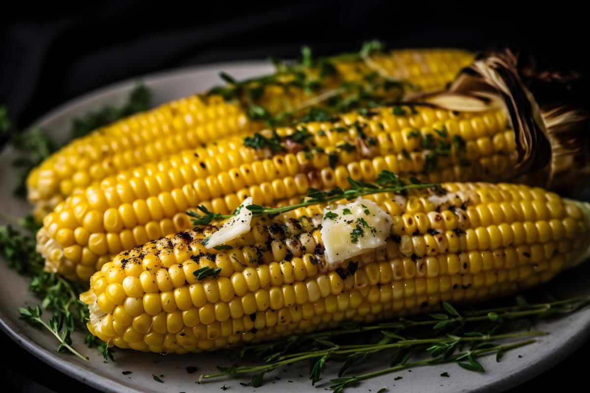 A plate of grilled corn on the cob with butter and herbs, close-up, white background, realism, hd, 35mm photograph, sharp, sharpened, 8k picture