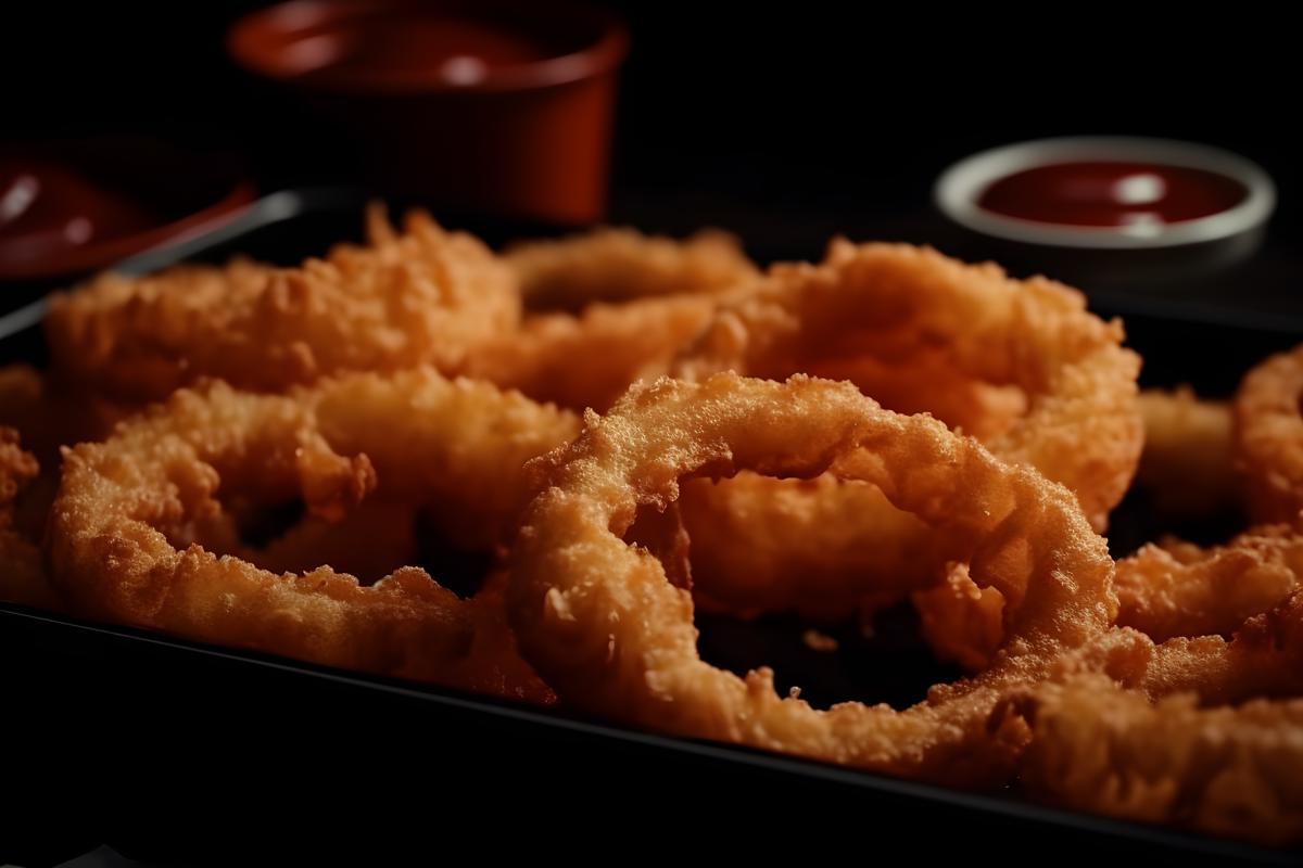 A tray of crispy onion rings with ketchup, macro close-up, black background, realism, hd, 35mm photograph, sharp, sharpened, 8k picture