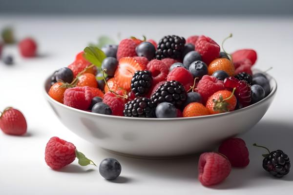 A bowl of colorful fresh berries on a white background, close-up, white background, realism, hd, 35mm photograph, sharp, sharpened, 8k