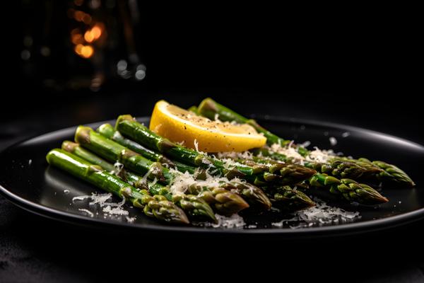 A plate of grilled asparagus with lemon and parmesan, macro close-up, black background, realism, hd, 35mm photograph, sharp, sharpened, 8k