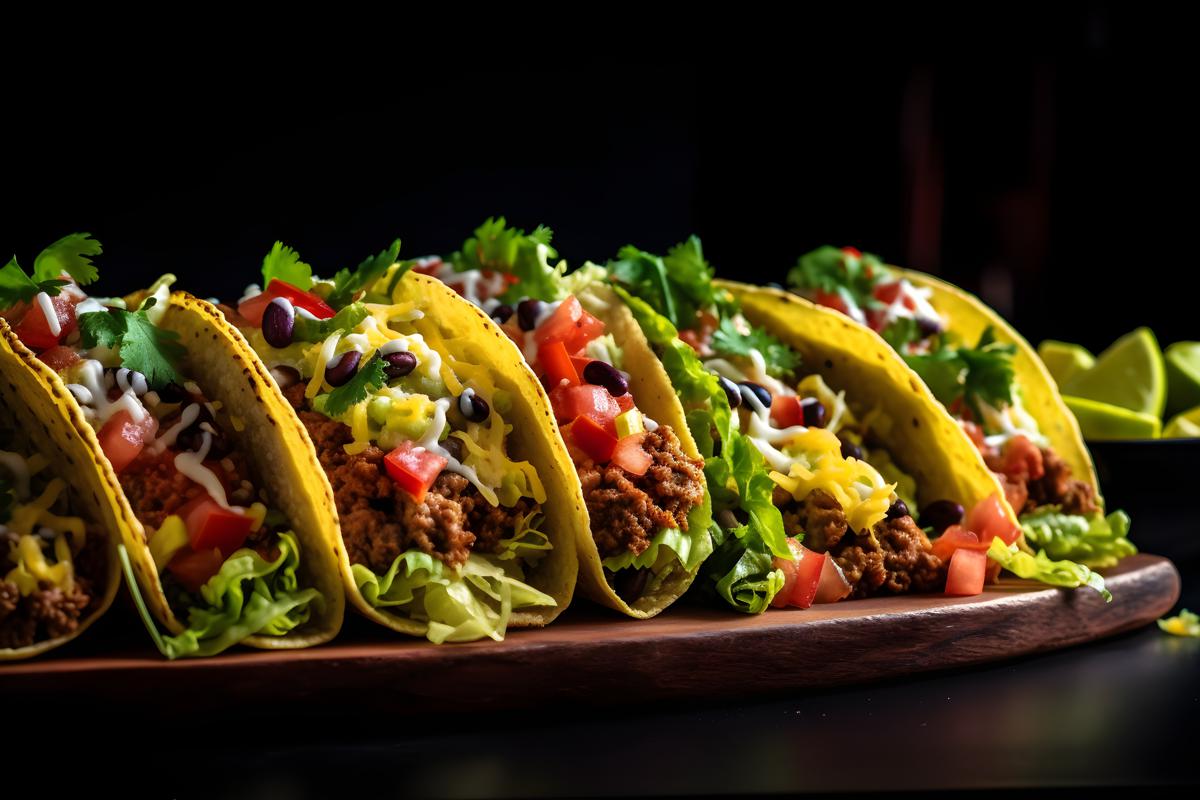 A platter of tacos with salsa and guacamole, macro close-up, black background, realism, hd, 35mm photograph, sharp, sharpened, 8k picture